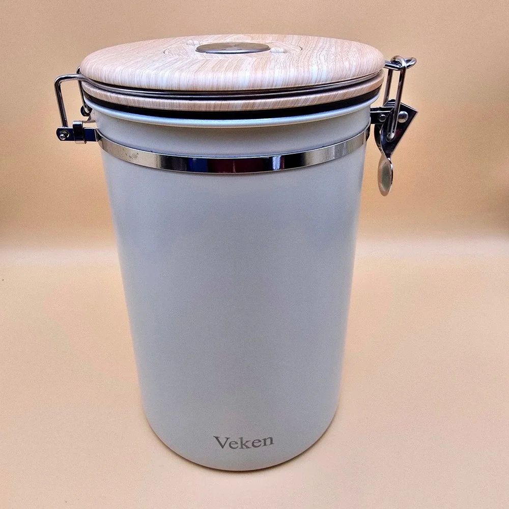 Veken Coffee Canister Airtight Date Stainless Steel Storage w/ Scoop Cream 34 oz